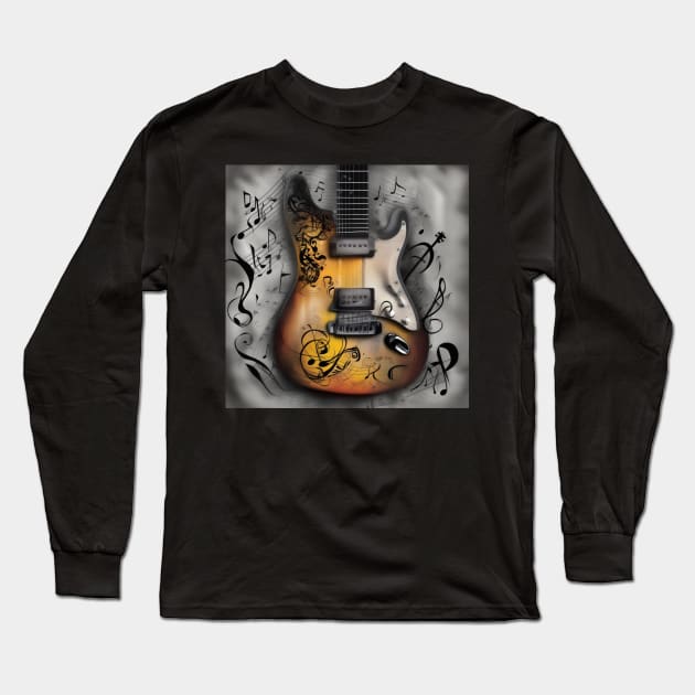 An abstract image of a guitar with musical symbols Long Sleeve T-Shirt by Musical Art By Andrew